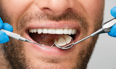 Healthy white male smile with a periodontal probe and mouth mirror, close-up. Teeth treatment. Shot...