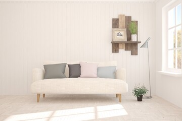 White living room with sofa. Scandinavian interior design. 3D illustration