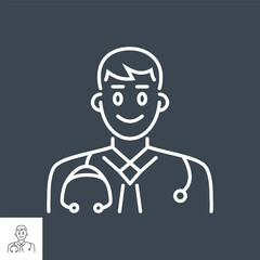 Doctor related vector thin line icon. A man with a stethoscope on his shoulders. Isolated on black background. Editable stroke. Vector illustration.