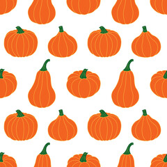 Bright orange pumpkins on a white background. Seamless vector pattern. Autumn illustrations for festive decorations, postcards, banners, gift wrapping paper, modern prints, bright fabrics, textiles.