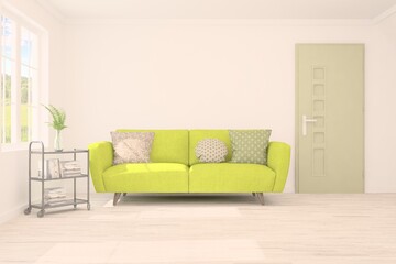 White living room with sofa. Scandinavian interior design. 3D illustration