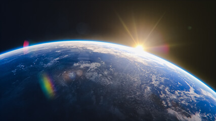 Breathtaking View of the Planet. Rising Sun Illuminates Our Blue Planet's Clouds, Oceans and...