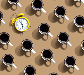 Seven AM alarm clock with coffee mags - flat lay