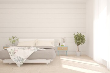 White bedroom interior. Scandinavian design. 3D illustration