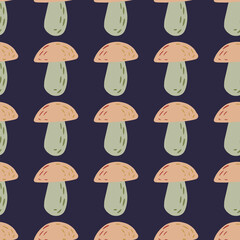 Pastel seamless pattern with doodle mushrooms. Orange and green tones food ornament on navy blue background.