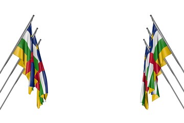 wonderful many Central African Republic flags hanging on in corner poles from left and right sides isolated on white - any occasion flag 3d illustration..
