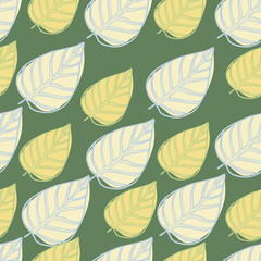 White and yellow light colors leafs seamless pattern. Outline botanic stylized print with green background.