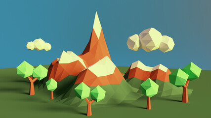 3d render. Natural landscape with mountains, trees, clouds from low poly geometric shapes.