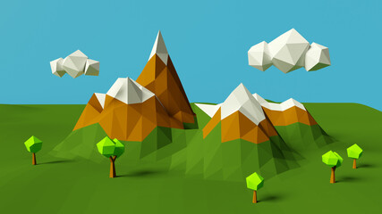 3d render. Natural landscape with mountains, trees, clouds from low poly geometric shapes.