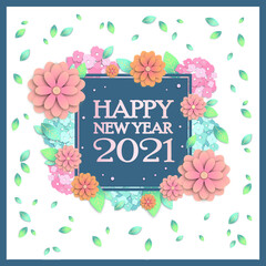 Happy New Year 2021 Card with Paper flower and Leaves, Gift Card, Vector.