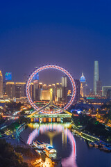Close-up of night view of Ferris wheel in Tianjin Eye, Tianjin, China