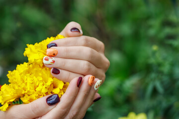 Fashionable fantasy manicure in warm colors: burgundy, orange and yellow. Female hands are holding a beautiful autumn flower.