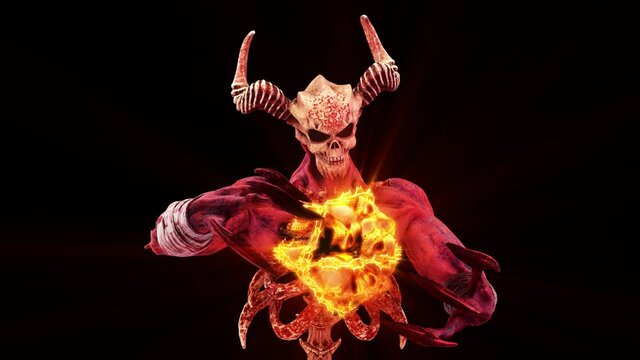 The Hell Creature Casting Skulls Fire Ball VJ Loop - is a motion graphics clip featuring horned demon casting sphere made from skulls, chains and fire. The creature features are a mix of demon and ske