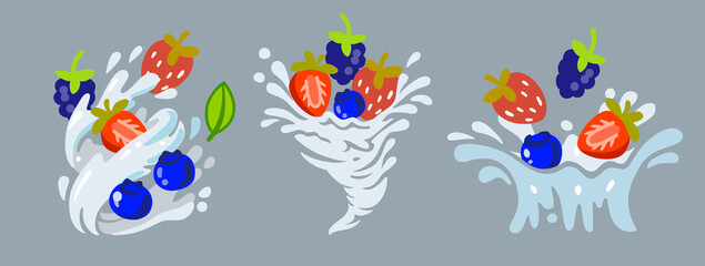 different bright berries spinning in whirlpool