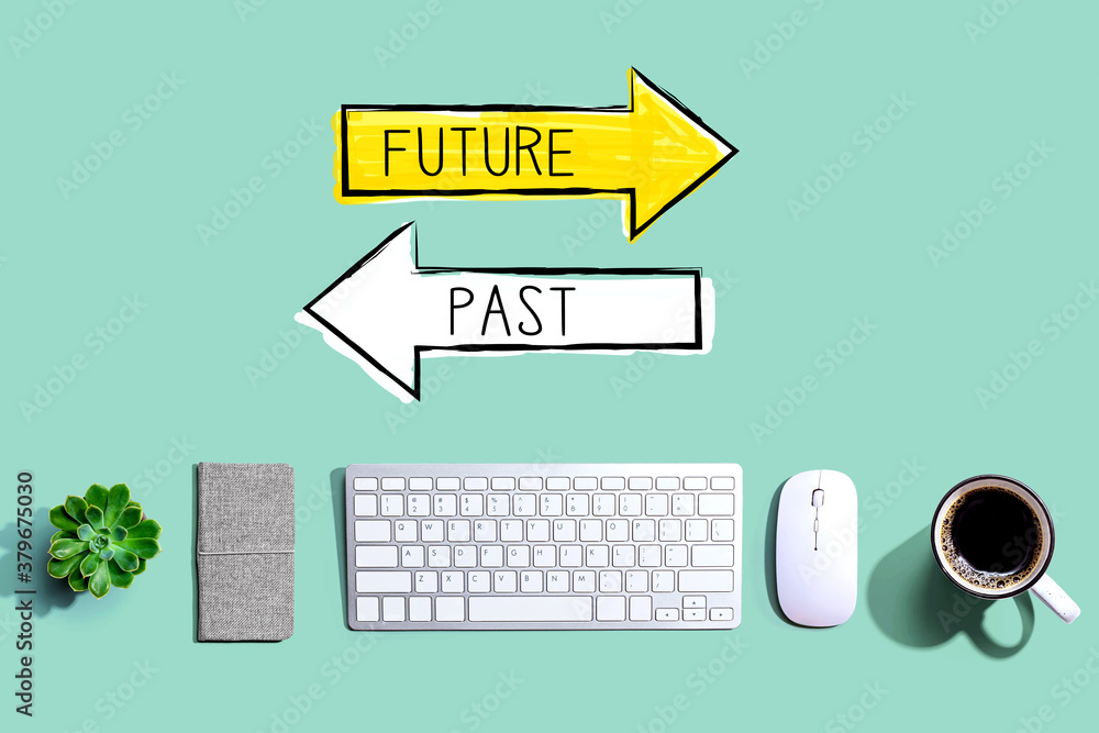 Poster future or past with a computer keyboard and a mouse