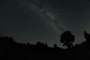 Blue dark night sky with many stars. Night sky over rural landscape. high ISO landscape with fisheye lens