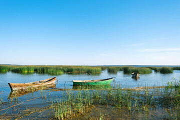 Wooden rowing fishing boats on Lake Drivyaty. Braslav lakes. Belarus