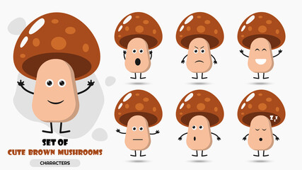 Set of mushroom character vector templates, funny, angry and sleepy emoji for banner. Autumn vegetable or plant, tasty natural food.