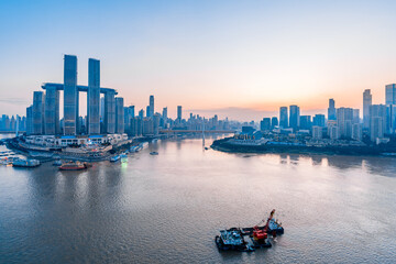 Scenery of high-rise buildings along Chaotianmen in Chongqing, China and Chongqing Grand Theater