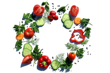 Chopped vegetables in a circle lie on a white surface