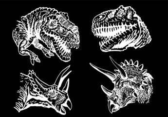 Vector set of dinosaurs' portraits isolated on black, tyrannosaurus and triceratops