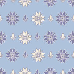 Cream and blue stylised flowers vector seamless pattern background.