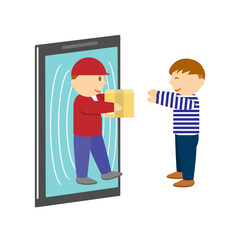 A delivery man coming out from mobile phone screen to hand a parcel to customer vector