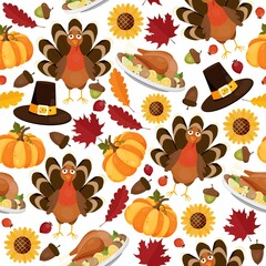 Thanksgiving day seamless vector pattern with sunflower, pumpkin, turkey, autumn leaves, pilgrim hat