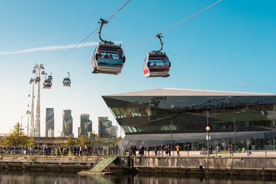 London, UK - October 19, 2019: Emirates Airline Cable Car is the first urban cable car running across Thames river from the O2 to the Excel center.