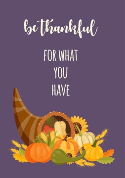 Happy Thanksgiving card design with text and cornucopia full of pumpkins. Vector illustration