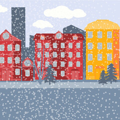 Winter snow-covered city with multi-storey buildings. Snow is falling. Winter vector background with city street. Village,