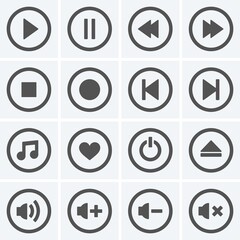 Media player icons set. Play, pause, next, before, stop, favorite, off, option, volume, etc.