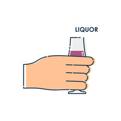 Male hand holding a glass of liquor. Line art design element on white background. Fingers human with a stack with strong alcohol. Concept of time to drink alcohol. Modern graphic style illustration