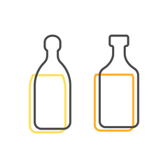 Simple line shape of tequila and rum bottle. One contour figure of a bottle, the second drink. Outline symbol beverage black color. Sign liquid colored. Isolated flat illustration