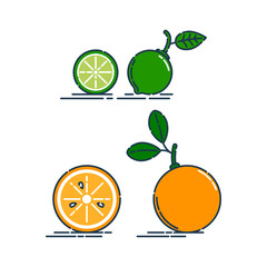 Whole and cut in half orange or tangerine and lime fruit isolated on white background. Organic product. Bright summer harvest illustration. Flat style illustration for any design. Cut citrus icon