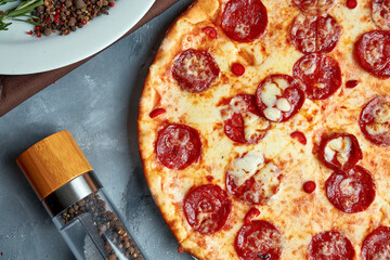 Pizza baked in a wood oven with melted cheese and chorizo salami on a gray background in a composition with cooking ingredients.
