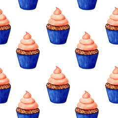 Seamless pattern with cupcake on white background. Watercolor illustration