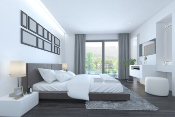 White modern style bedroom interior with wooden black floor parquet look clean and comfortable. 3D illustration