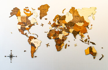 World map of earth showing continents on a wood tree ring texture background on white