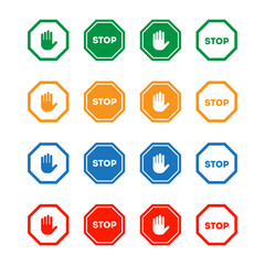 vector set of 4 color Stop symbol design. Set of prohibition sign with hand icon ( red, blue, orange, and Green icon design )