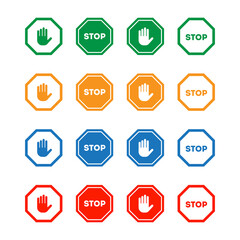 vector set of 4 color Stop symbol design. Set of prohibition sign with hand icon ( red, blue, orange, and Green icon design )