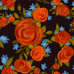 Abstract red rose seamless pattern. Floral texture, blue wildflowers