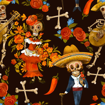 Day of the dead seamless pattern. Sugar skull texture, dancing skeleton
