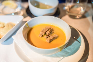 Sweet potato soup with rye bread.croutons, Austrian cuisine