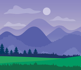 purple landscape with silhouettes of mountains, pine trees and grass vector illustration design