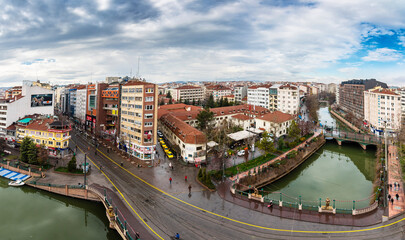 Obraz premium Porsuk River aerial view in Eskisehir City. Eskisehir is populer tourist destination in Turkey.