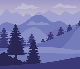 Fototapeta na wymiar purple landscape with silhouettes mountains and pine trees vector illustration design
