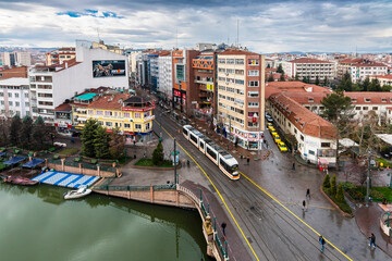 Obraz premium Porsuk River aerial view in Eskisehir City. Eskisehir is populer tourist destination in Turkey.