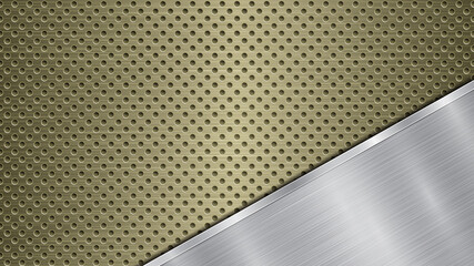 Fototapeta na wymiar Background of golden perforated metallic surface with holes and angled silver polished plate with a metal texture, glares and shiny edges
