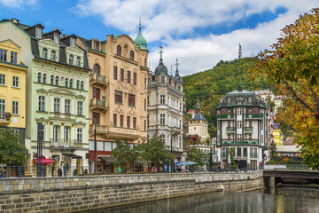 Fototapeta na wymiar Embankment of Tepla river, Karlovy Vary, Czech republic
